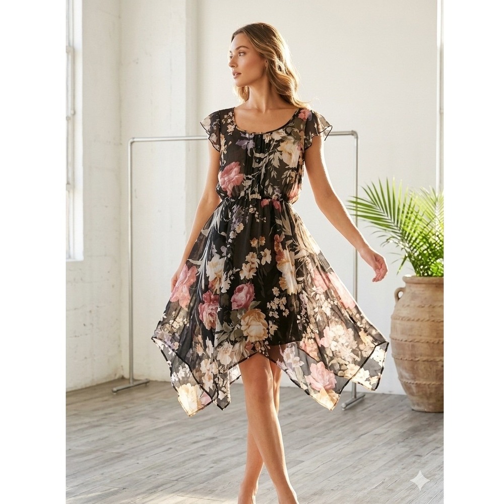 American Rag Cie Sheer Black Floral Chiffon Handkerchief Hem Dress Boho Size M